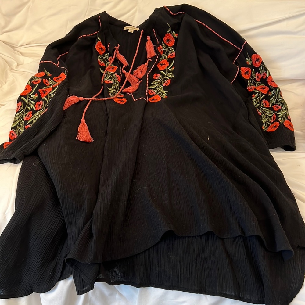 Les Cocotiers black crepe dress/coverup tassels,embroidered floral detail. XS
